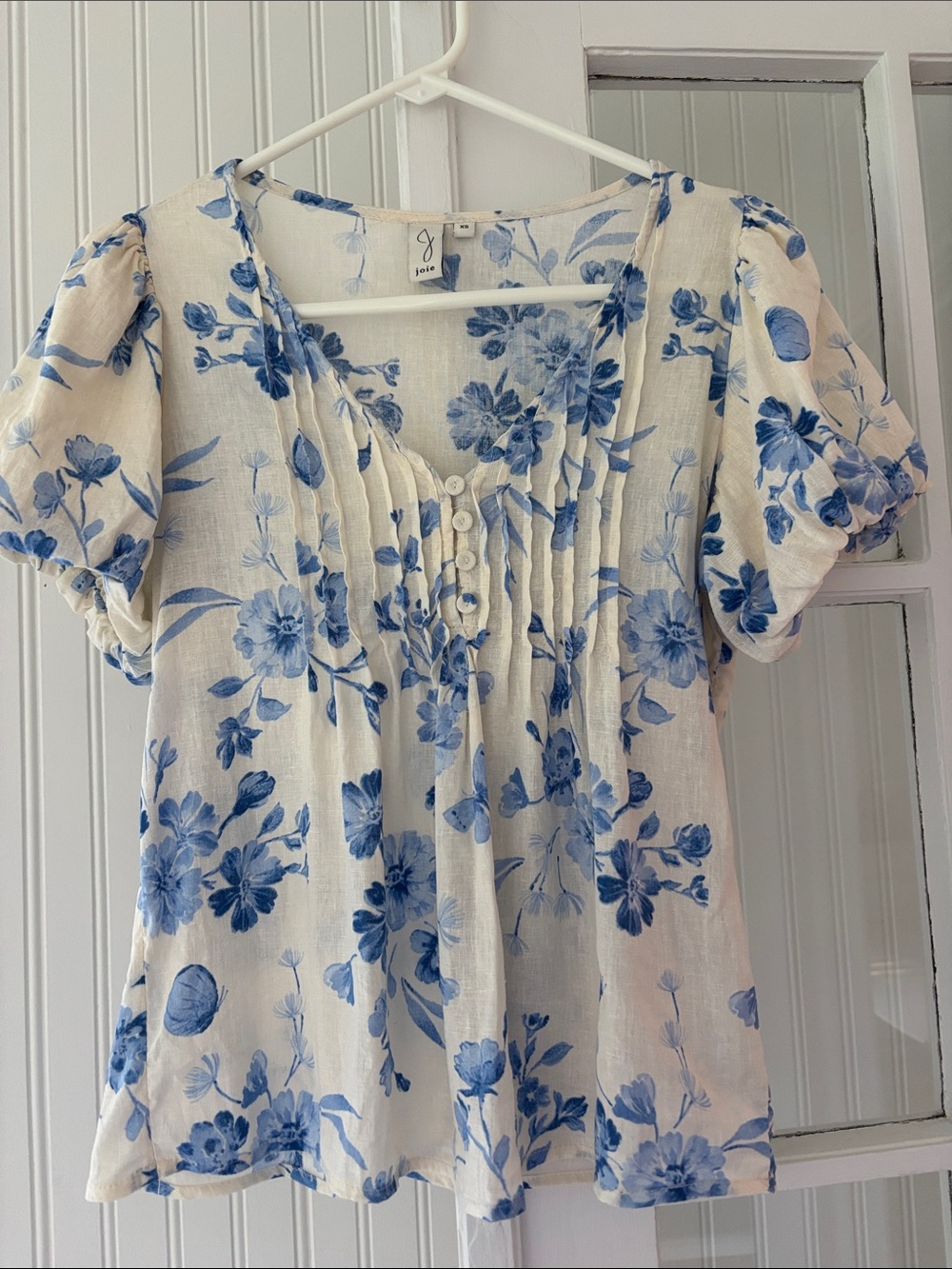 Joie Cream Top with Blue Floral Pintuck Front